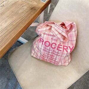 Pink Checkered Grocery Tote Bag
